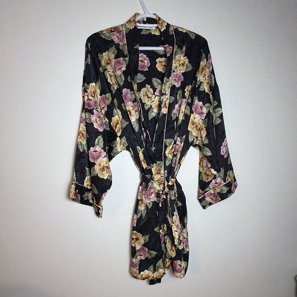 Christian Dior Vintage Satin Mini Length Wrap Floral Lotus Kimono Robe L? No Tag